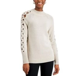 Donna Karan Womens Wool Blend Crochet Trim Mock Turtleneck Sweater