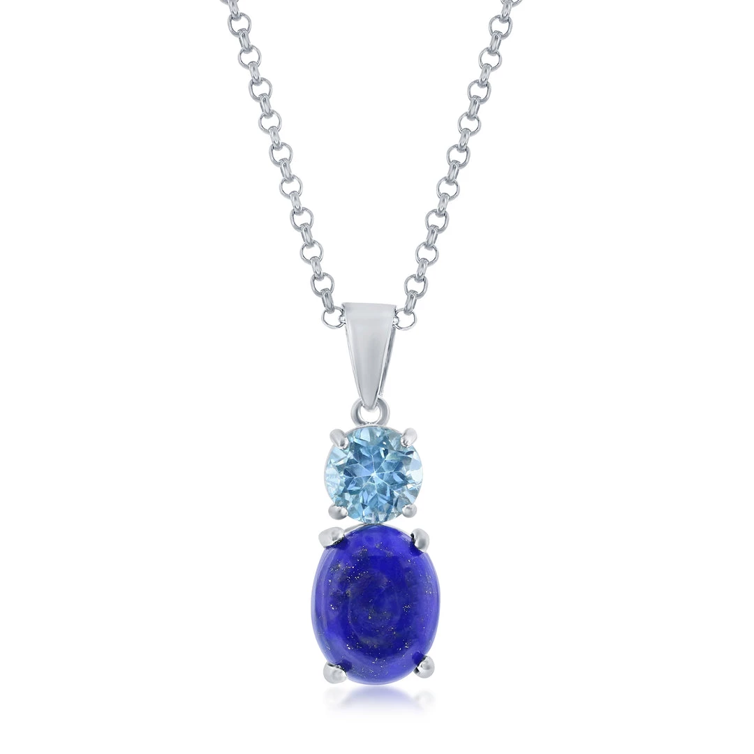 Simona women Sterling Silver Oval Lapis & Round Gem Pendant - Blue Topaz 3 Simona women Sterling Silver Oval Lapis & Round Gem Pendant - Blue Topaz