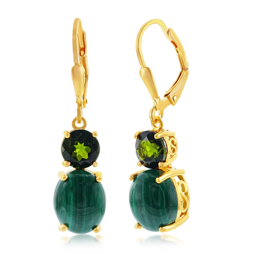 Simona women Sterling Silver Oval Malachite w/ Round Chrome Diopside Earrings - Gold Plated 3 Simona women Sterling Silver Oval Malachite w/ Round Chrome Diopside Earrings - Gold Plated