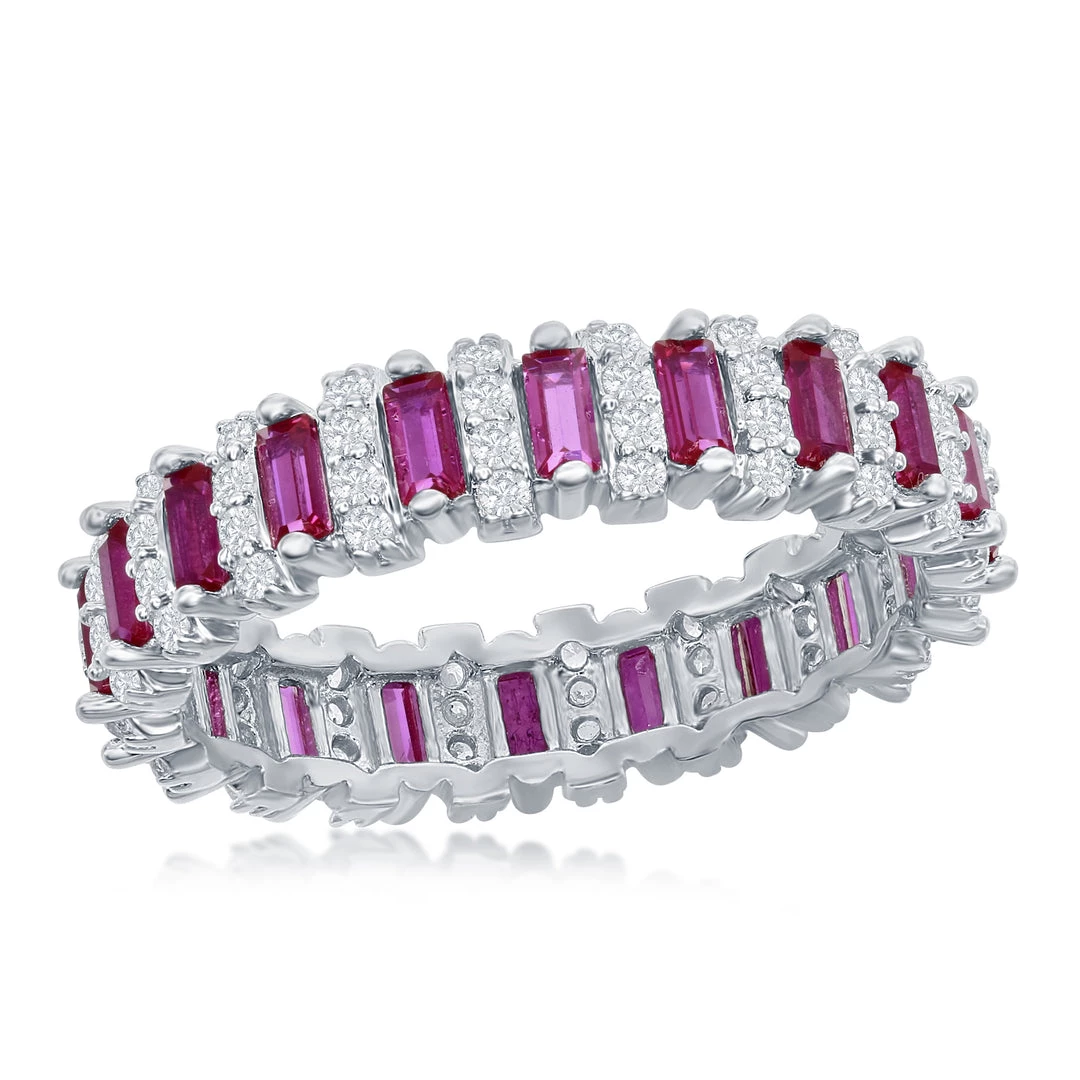 Simona women Sterling Silver Round & Baguette Eternity Band Ring - Simulated Ruby 3 Simona women Sterling Silver Round & Baguette Eternity Band Ring - Simulated Ruby