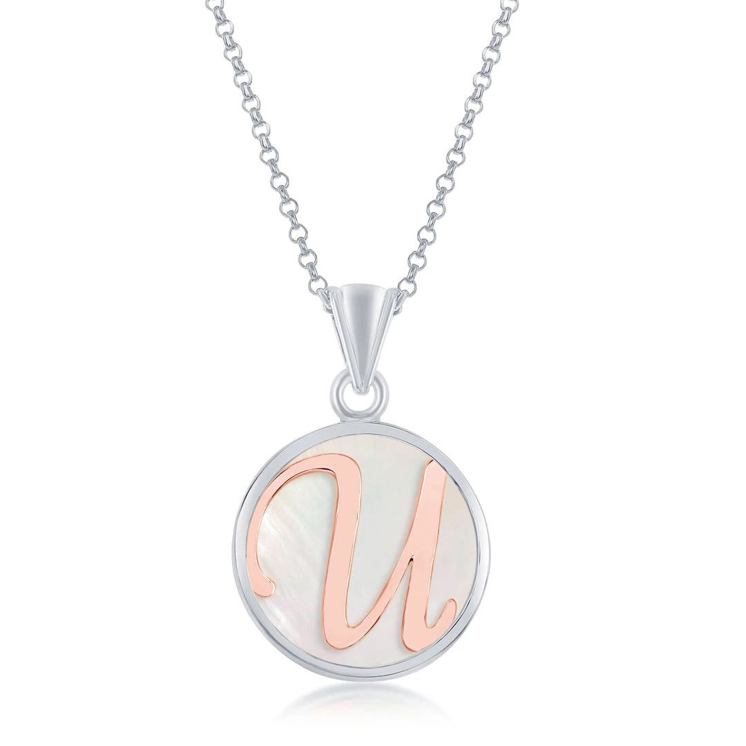 Simona women Sterling Silver MOP Pendant, Rose Gold Script Initial W/Chain 3 Simona women Sterling Silver MOP Pendant, Rose Gold Script Initial W/Chain