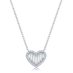 Simona women Sterling Silver Round and Baguette CZ Heart Necklace