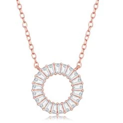 Simona women Sterling Silver Baguette CZ Open Circle Necklace - Rose Gold Plated
