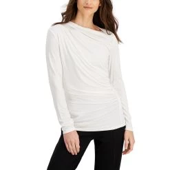 Donna Karan Womens Dressy Drape-Front Pullover Top