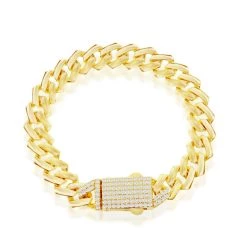 Simona men Sterling Silver 9mm Monaco Bracelet w/Micro Pave CZ Lock - Gold Plated