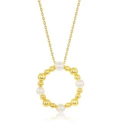 Simona women Sterling Silver Freshwater Pearl and Beaded Circle Necklace - Gold Plated