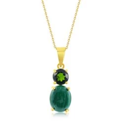 Simona women Sterling Silver Oval Malachite w/ Round Chrome Diopside Pendant - Gold Plated