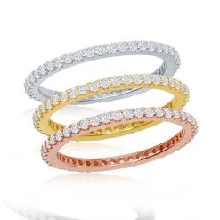 Simona women Sterling Silver Tri-Color Prong Clear CZ 1.5mm Eternity Triple Band Ring