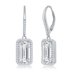 Simona women Sterling Silver Emerald-Cut CZ with Halo Earrings