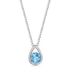 Simona women Sterling Silver Pearshaped Necklace w/Round 'December Birthstone' Gem - Swiss Blue Topaz