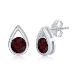 Simona women Sterling Silver Pearshaped Earrings W/Round 'January Birthstone' Gemstone Studs - Garnet