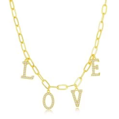 Simona women Sterling Silver CZ 'LOVE' Paperclip Necklace