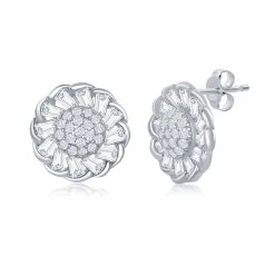 Simona women Sterling Silver Micro Pave Center & Baguette CZ Border Flower Design Stud Earrings