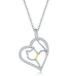 Simona women Sterling Silver CZ Heart with Center Cat Cut-Out Pendant