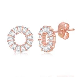 Simona women Sterling Silver Open Circle Baguette CZ Stud Earrings - Rose Gold Plated