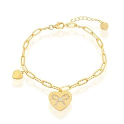 Simona women Sterling Silver Heart with CZ Ribbon Paperclip Bracelet