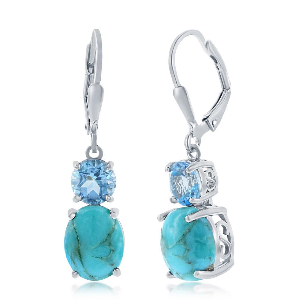 Simona women Sterling Silver Oval Turquoise & Round Gem Earrings - Blue Topaz 3 Simona women Sterling Silver Oval Turquoise & Round Gem Earrings - Blue Topaz