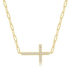 Simona women Sterling Silver CZ Sideways Cross Paperclip Necklace - Gold Plated