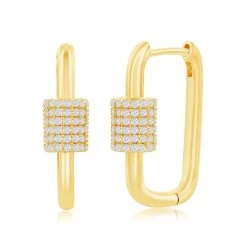 Simona women Sterling Silver Micro Pave CZ Oval Carabiner Paperclip Earrings - Gold Plated
