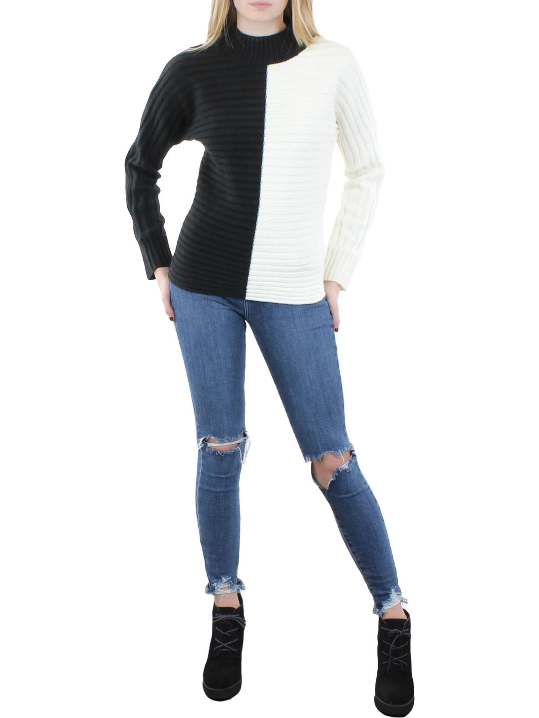 Donna Karan Womens Wool Blend Two Tone Mock Turtleneck Sweater 3 Donna Karan Womens Wool Blend Two Tone Mock Turtleneck Sweater