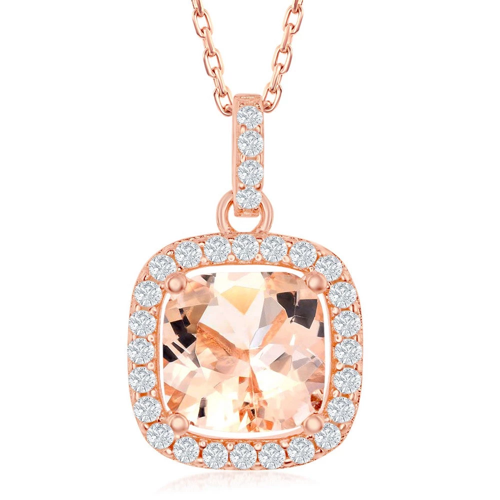 Simona women Sterling Silver Square Morganite CZ with White CZ Border Pendant - Rose Gold Plated 3 Simona women Sterling Silver Square Morganite CZ with White CZ Border Pendant - Rose Gold Plated