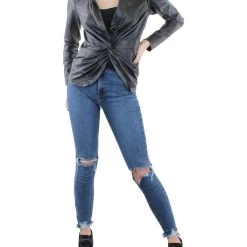 Donna Karan Womens Faux Leather Embossed Blouse