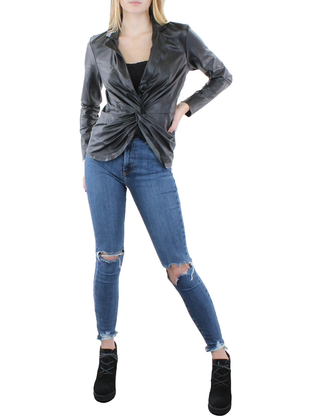 Donna Karan Womens Faux Leather Embossed Blouse 3 Donna Karan Womens Faux Leather Embossed Blouse