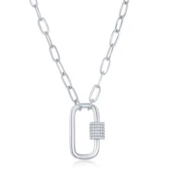 Simona women Sterling Silver Micro Pave CZ Oval Carabiner Paperclip Necklace