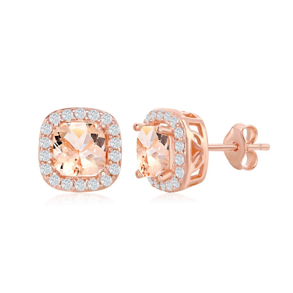 Simona women Sterling Silver Square Morganite CZ with White CZ Border Earrings - Rose Gold Plated 3 Simona women Sterling Silver Square Morganite CZ with White CZ Border Earrings - Rose Gold Plated