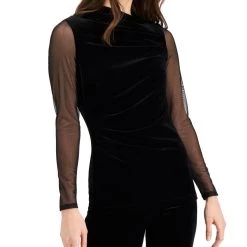 Donna Karan Womens Velvet Sheer-Sleeve Pullover Top