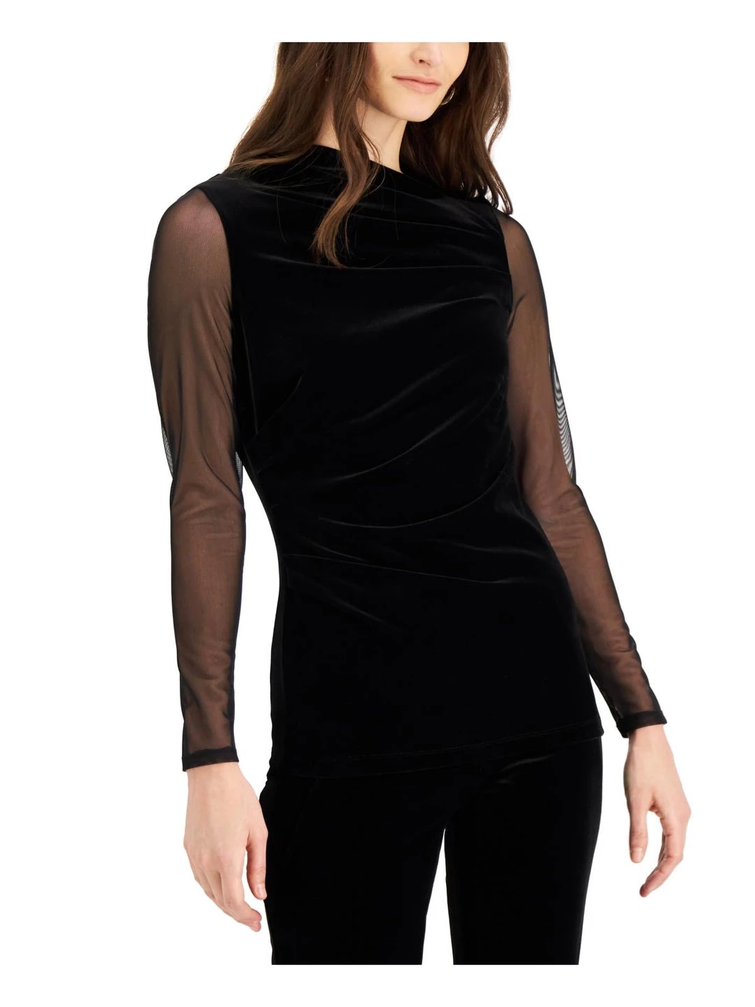 Donna Karan Womens Velvet Sheer-Sleeve Pullover Top 3 Donna Karan Womens Velvet Sheer-Sleeve Pullover Top