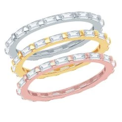 Simona women Sterling Silver Tri-Color Baguette CZ and Beaded Eternity Triple Band Ring - Size 8