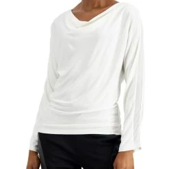 Donna Karan Womens Mesh Trim Cowlneck Pullover Top