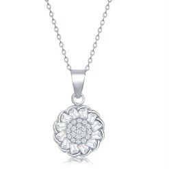 Simona women Sterling Silver Micro Pave Center & Baguette CZ Border Flower Design Necklace