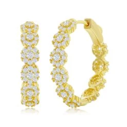 Simona shop 34 Simona women Sterling Silver 25mm CZ Flower Design Hoop Earrings - Gold Plated