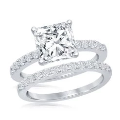 Simona women Sterling Silver Princess-Cut Half CZ Band Engagement Ring Set