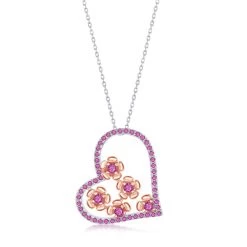 Simona women Sterling Silver CZ Ruby Heart and Flowers Necklace - Rose Gold Plated