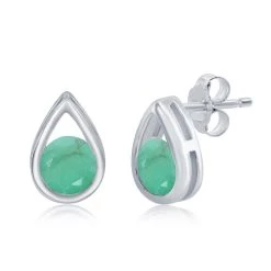 Simona women Sterling Silver Pearshaped Earrings W/Round 'May Birthstone' Gemstone Studs - Emerald