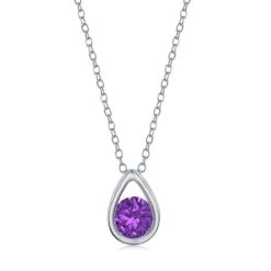 Simona women Sterling Silver Pearshaped Necklace w/Round 'February Birthstone' Gem - Amethyst